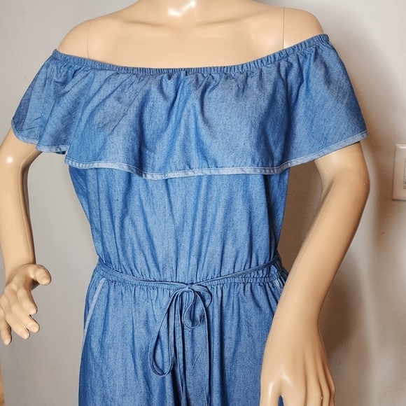 WRAPPER chambray blue belted cropped wideleg jumper, pockets. Size Medium - Picture 4 of 16